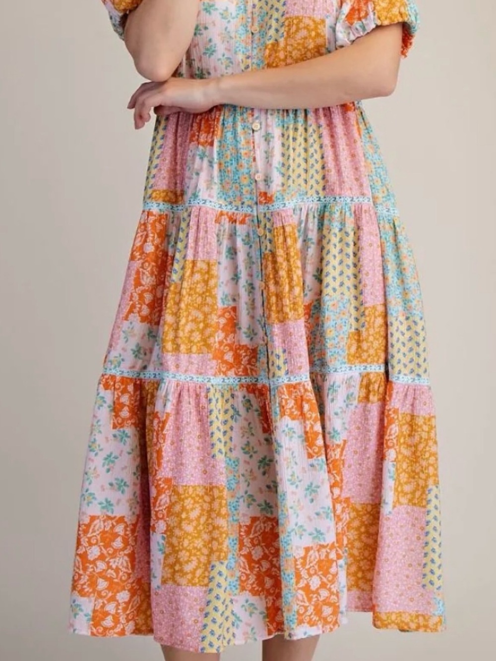 easel Patchwork Tiered Midi Skirt in Pink, Orange & Yellow